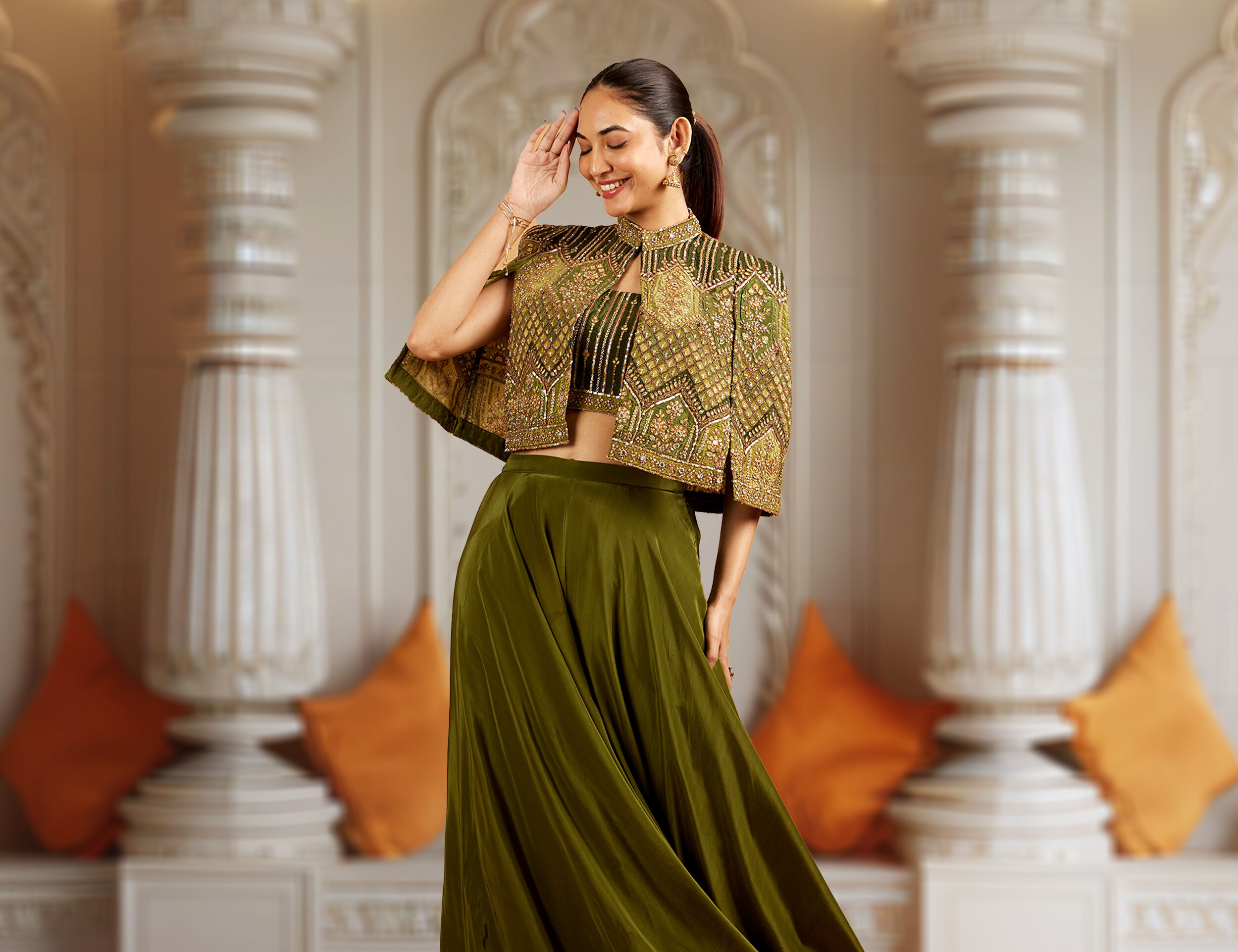 Fusion outfit with green lehenga and western crop top blouse